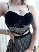 Conjunto Feminino Cropped e Saia com Franjas e Strass