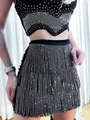 Conjunto Feminino Cropped e Saia com Franjas e Strass