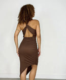 Vestido Midi Tatiane em Ribana Assimétrico com Alça Cruzada