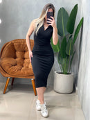 Vestido Midi Graziela em Ribana Regata com Gola e Zíper Frontal