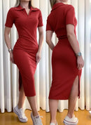 Vestido Midi Sindy em Ribana com Gola Polo